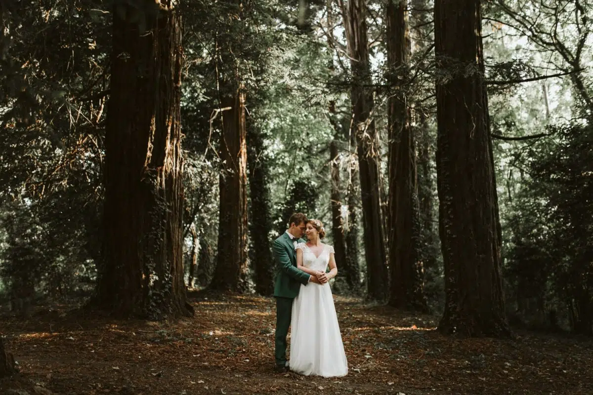 Séance couple en forêt, lumière dorée, grands arbres du parc du Château de la Pigossière.
