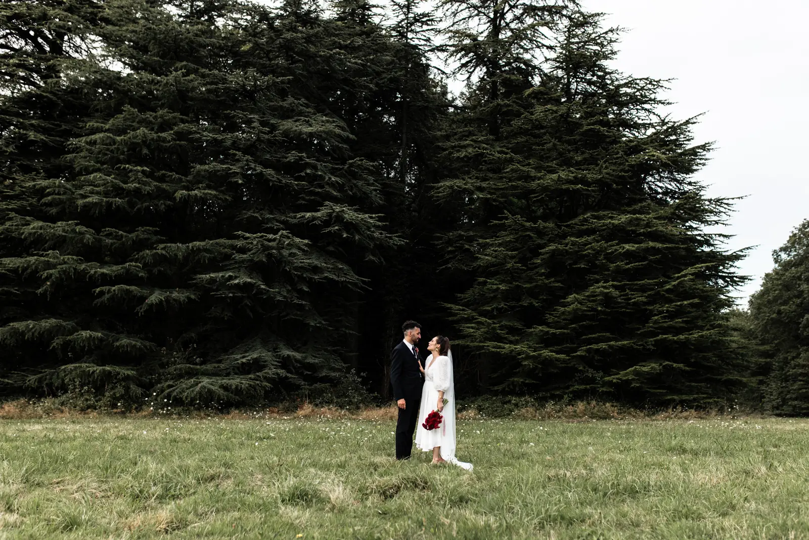 couple de mariés dans le parc du chateau de la foret au cellier devant des sapins